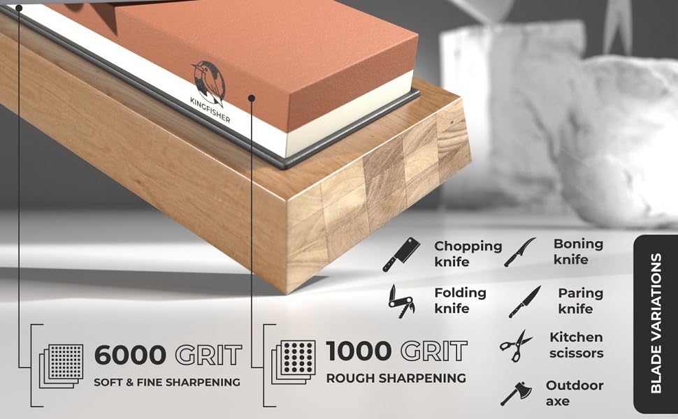 Шліфка для ножів Kingfisher 1000/6000 грінь, з підставкою, для професійного заточування ножів та інструментів, з кутовою наставкою
