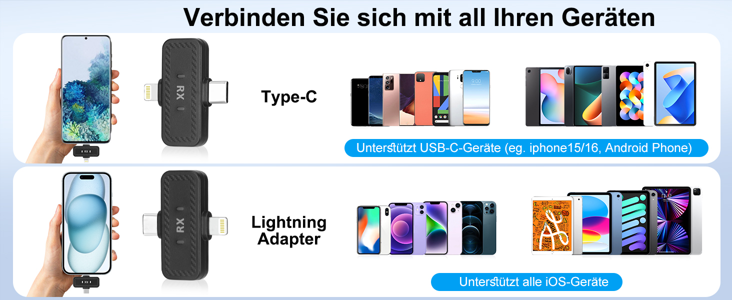 Мікрофон-петличка для iPhone/iPad/Android, бездротовий, з шумозаглушенням, 25 годин роботи, для відео, блогів, YouTube, TikTok, Live-Stream