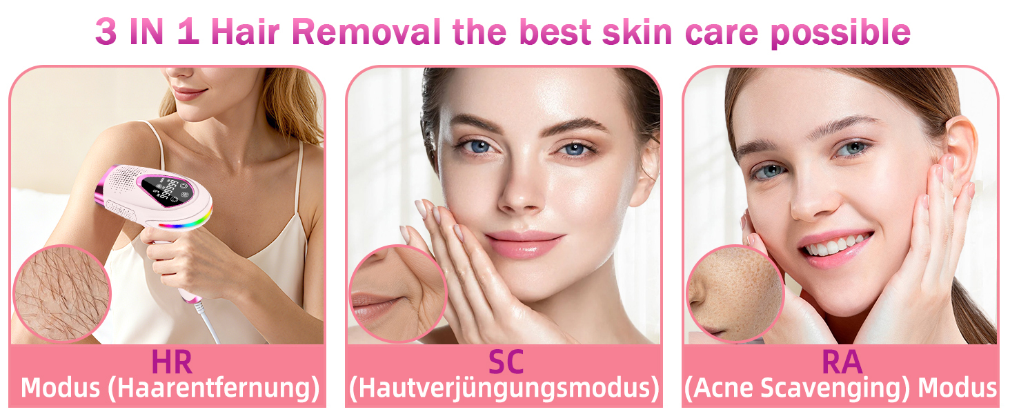 Епілятор IPL з лазером, 6.8 см², 3-в-1 для дому: обличчя, інтимна зона, ноги. 2 змінні насадки, HR/SC/RA технології. Для жінок