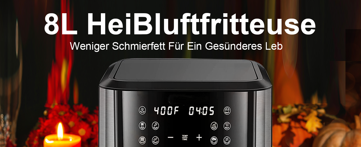 Фритюрниця повітряна XXL 8 літрів | 10-в-1 Airfryer | Розумна фритюрниця | Без олії | Цифровий LED-дисплей | 1500W | Чорний
