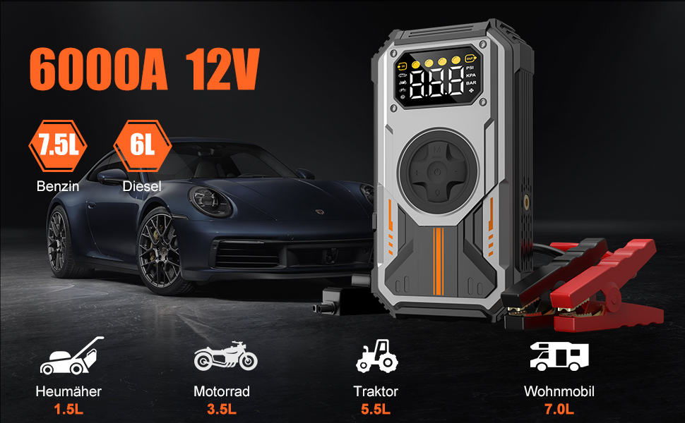 Powerbank Eigotrav Starthilfe: пусковий пристрій для авто 6000A, 12V, 150 PSI компресор, LED, LCD, сріблястий (до 7.5L бензин, 6L дизель)