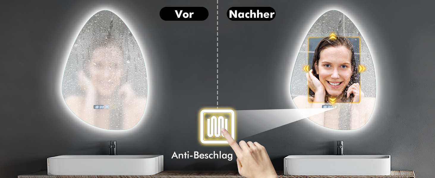 Круглий дзеркало для ванної кімнати з LED-підсвічуванням, 60 см, функція запобігання запотіванню, сенсорне управління & Bluetooth, регулювання яскравості, 3000K/4000K/6500K, HD-загартоване скло, дзеркало для ванної кімнати зі світлом (500*700 мм - крапельна форма)