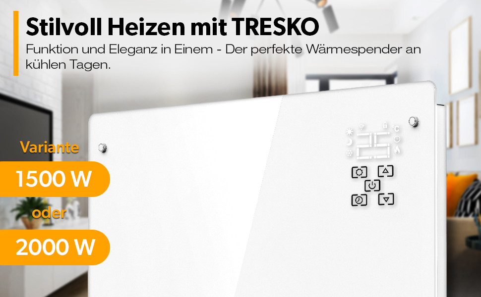 Конвектор TRESKO® 2000W з Wi-Fi, LED-дисплеєм та таймером | Електрична скляна панель опалення | Білий | 2000 Вт