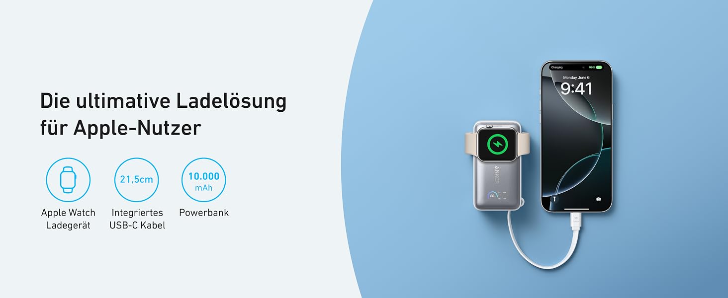 Повербанк Anker MagGo 10000mAh для Apple Watch та iPhone 17/16/15, Samsung, iPad — сертифікований, з вбудованим кабелем USB-C, потужність 35W, білий