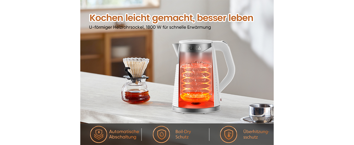 Електричний чайник OLEGA 1.8 л, 1800 Вт, швидка кип'ятіння, BPA free, енергозберігаючий, безпечний дизайн