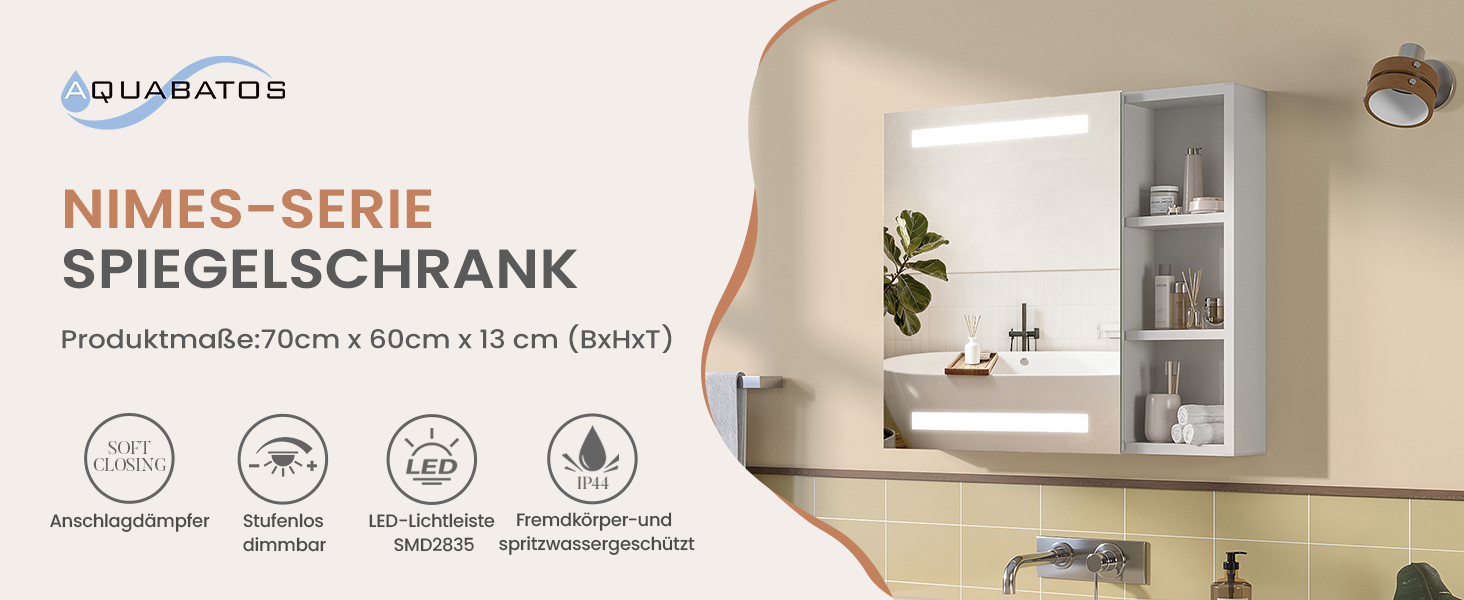 Дзеркальна шафка для ванної кімнати AQUABATOS з розеткою, підсвічуванням LED, 50x70 см. Шафка для ванної кімнати з дзеркалом, інфрачервоний сенсор, регулювання яскравості, протизапітніння, холодний білий колір світла (Тип 07L)