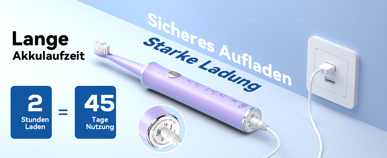 Електрична звукова зубна щітка JTF з очищувачем язика, 8 насадок, 5 режимів, функція пам'яті, таймер 2 хв, IPX7, швидка зарядка 3 год, для дорослих (блакитний) (фіолетовий + очищувач язика)