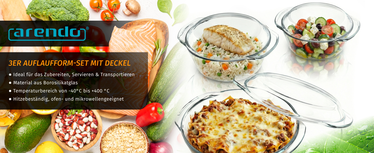 Набір форм для запікання Arendo з кришкою та ручками (3 шт.) – Borosilikatglas – 1000мл, 1500мл, 2000мл – для духовки, мікрохвильовки, BPA-free, скляні контейнери