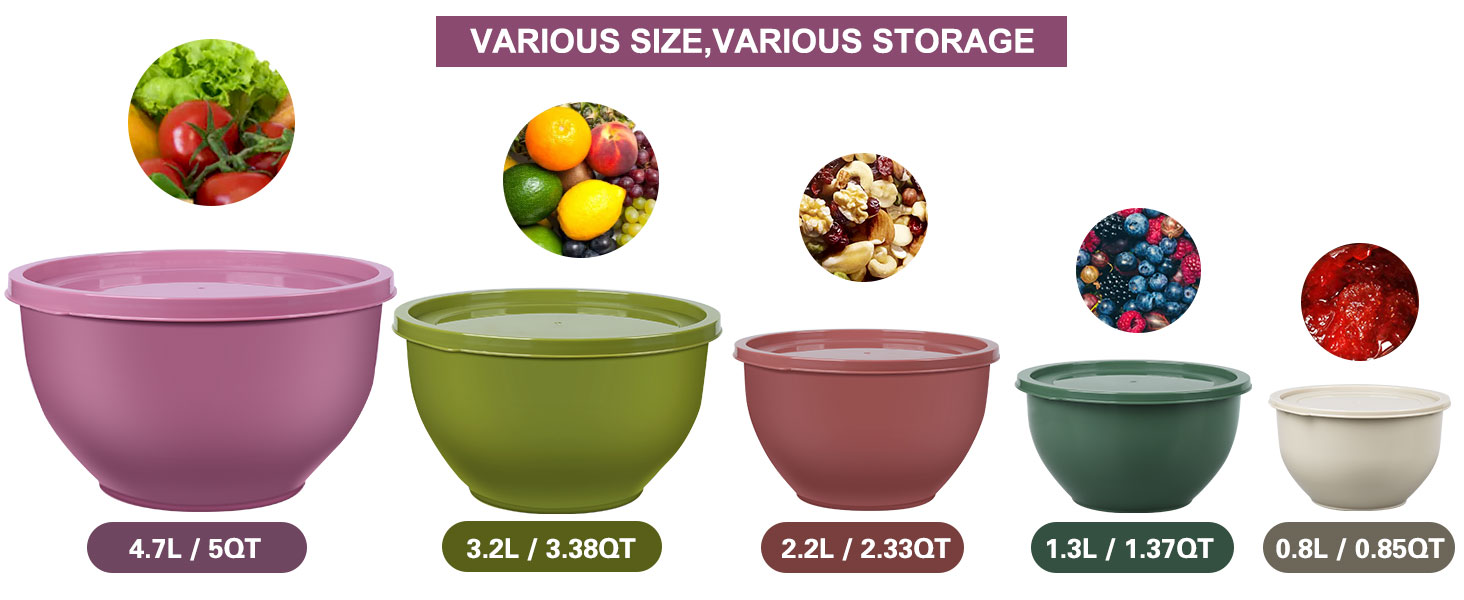 Набір салатниць з кришкою, міски для перемішування з пластику, набір вкладишів для кухні, великі салатниці, сервіровочні миски для змішування та подачі, BPA-free, фіолетовий