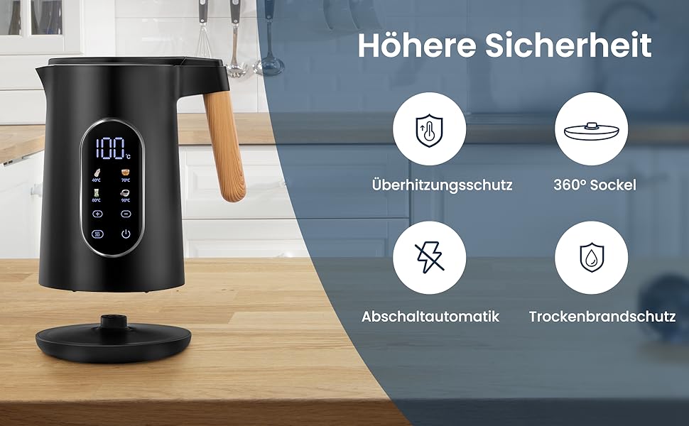 Електричний чайник VORSCH з нержавіючої сталі, 1,7 л, 2200 Вт, регулювання температури, підтримання тепла, захист від сухого кипіння, LCD-дисплей, поворотна база 360°, подвійні стінки, BPA-free, чорний з дерев'яною ручкою