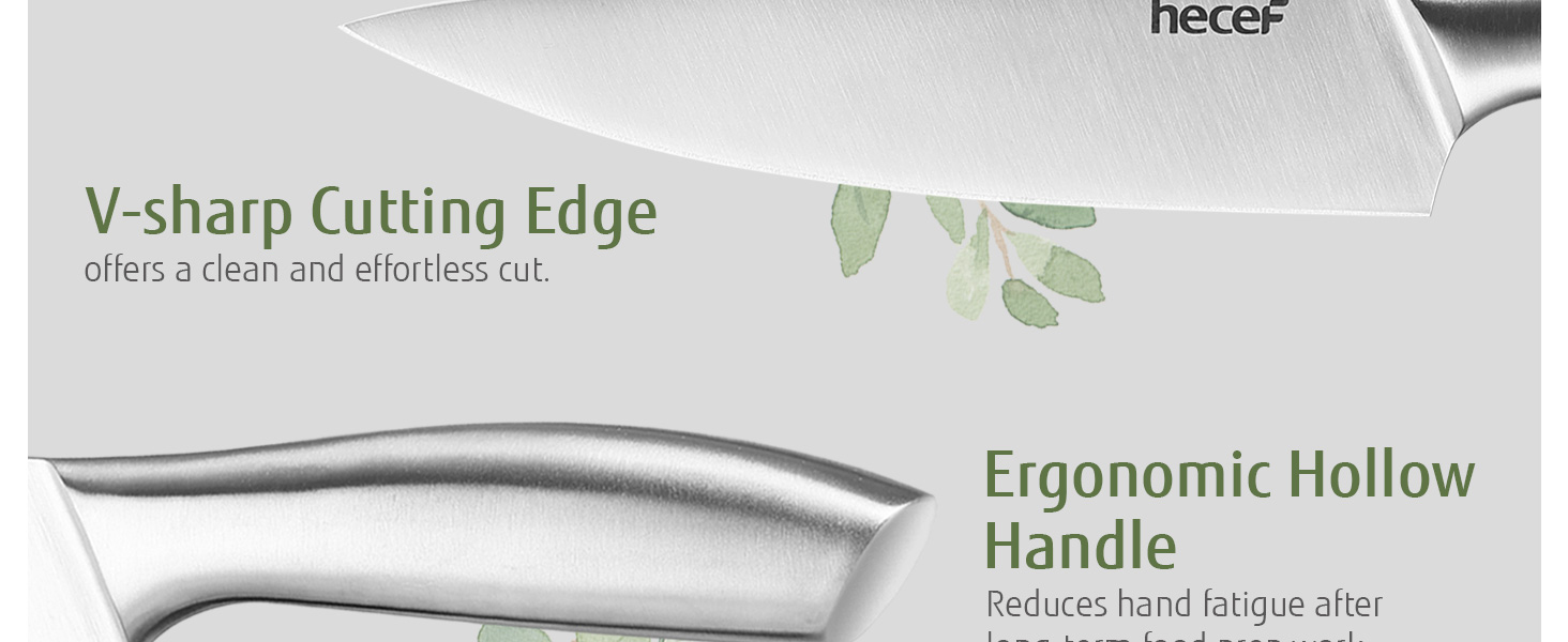 Набір кухонних ножів Hecef (3 шт) з нержавіючої сталі, сріблястого кольору, з порожнистим руків'ям, з захисними піхвами