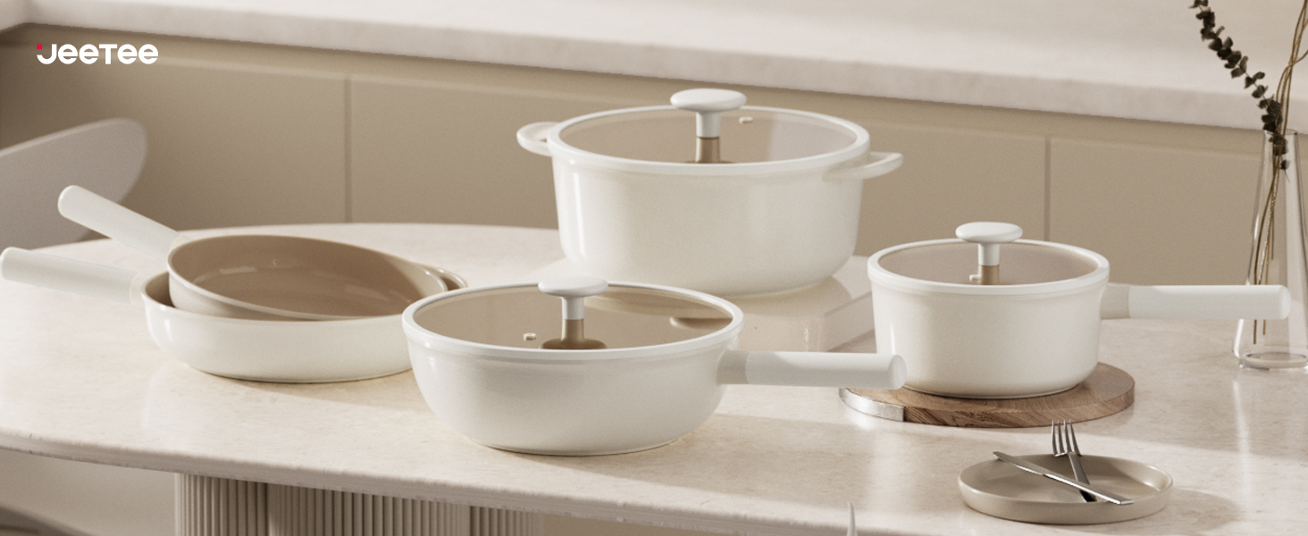 Набір посуду JEETEE 17 предметів з антипригарним покриттям Ceramic, знімні ручки. Комплект каструль та сковорідок 16/20/24/28 см, глибока сковорода 28 см. Підходить для всіх типів плит, можна використовувати в духовці.