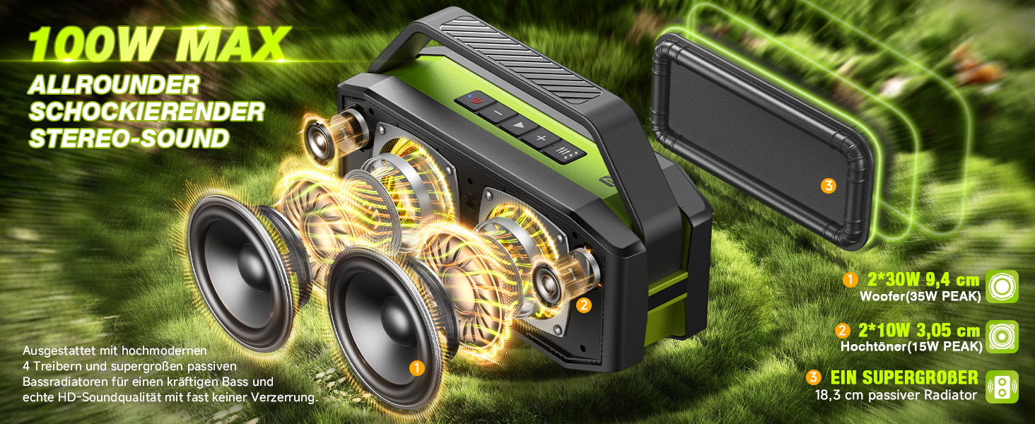 W-KING Bluetooth колонка 100W (60W) IPX6, портативна, глибокий бас, до 40 годин, TF/AUX/EQ, зелена