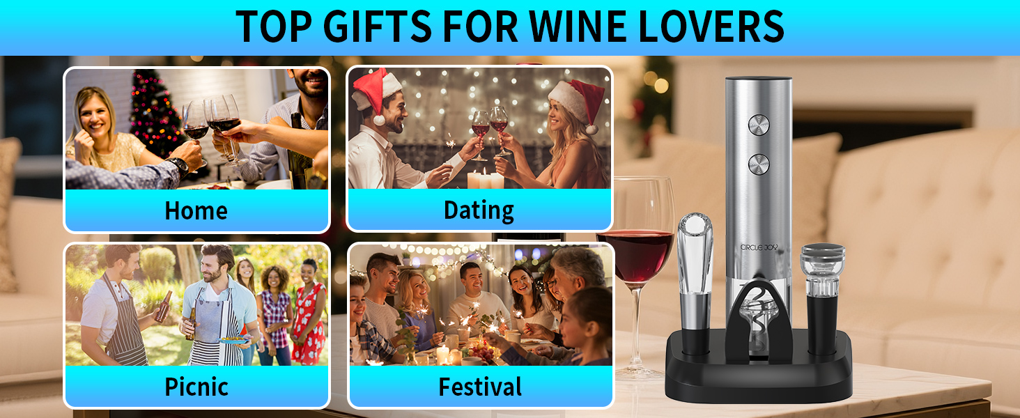 Електричний відкривачка вин CIRCLE JOY 6-в-1 з зарядною станцією, набір з нержавіючої сталі, з різаком фольги, аератором та 2 вакуумними закривачами