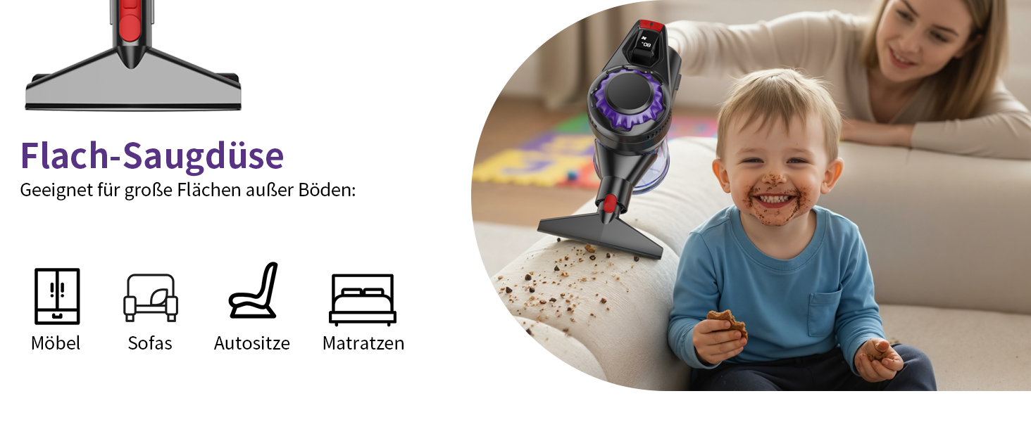 Бездротовий акумуляторний пилосос 450W, 40KPa, без мішка з HEPA-фільтром та LED-дисплеєм, антизаплутана щітка, самостійна підставка з кріпленням на стіну, час роботи 50 хв, для килимів, твердих підлог, шерсті тварин та авто