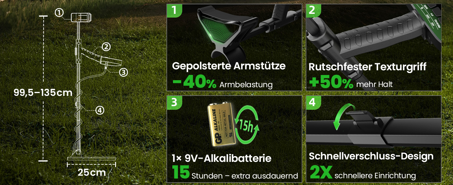Металошукач DR.ÖTEK Profi Set для дорослих та початківців: 6 режимів, водонепроникна пошукова котушка IP68, 3 режими місцевості з Pinpoint, комплект з аксесуарами (AIR-Green)