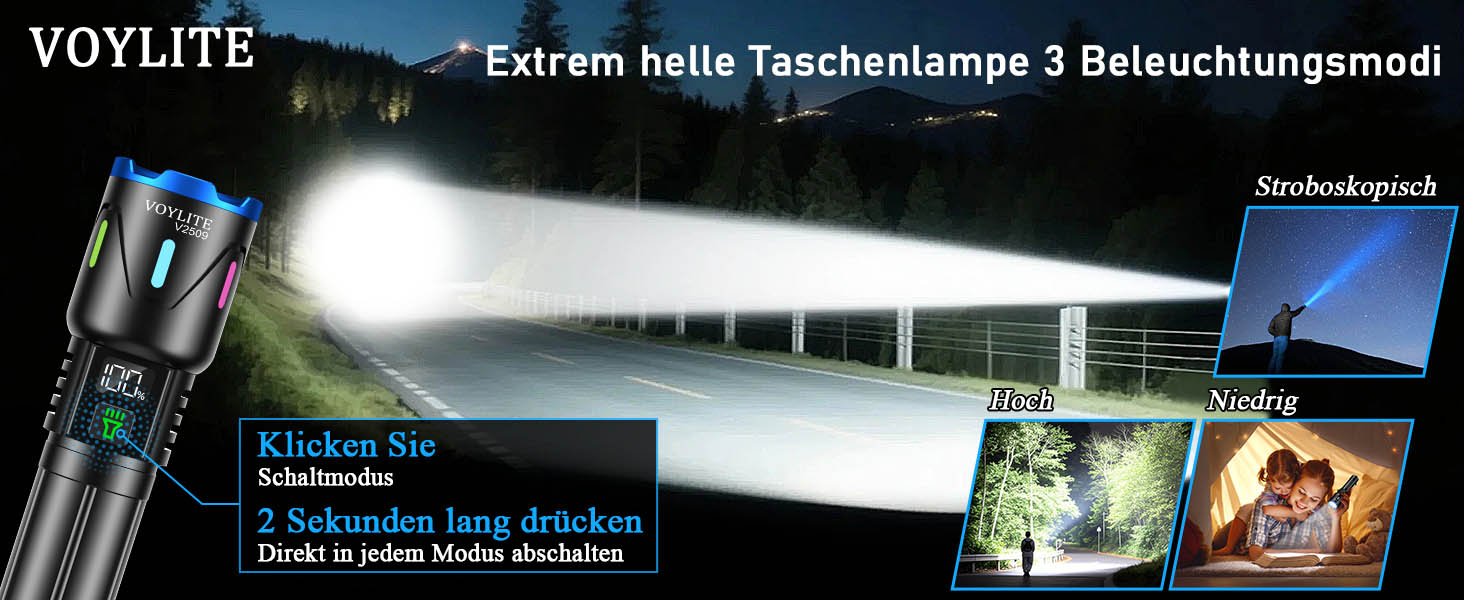 Ліхтар LED акумуляторний 500000 люмен, надпотужний з акумулятором 5000 mAh, LCD-індикатор заряду, 3 режими, регульований фокус, для кемпінгу та відпочинку на природі, матовий чорний