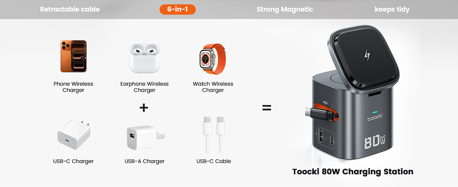 Зарядний пристрій Toocki 80W GaN з USB-C та USB-A, 6 портів, з вбудованим кабелем та MagSafe для MacBook, iPhone 17 Pro Max, Galaxy S24 та інших пристроїв