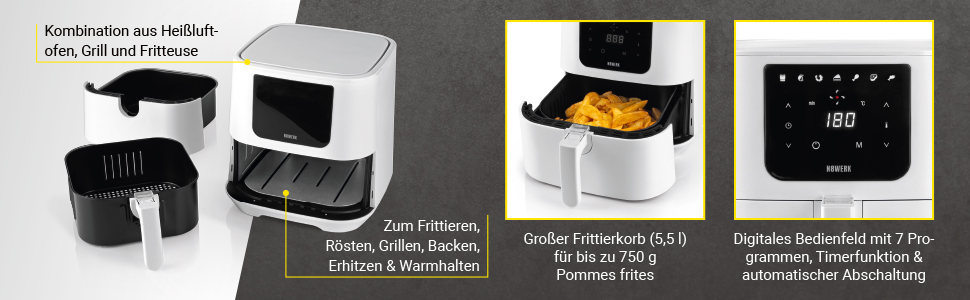 Фритюрниця-конвекційна піч Heißluftfritteuse Midnight Edition 5.5 л, білий колір, 1800 Вт, 7 програм, цифровий дисплей