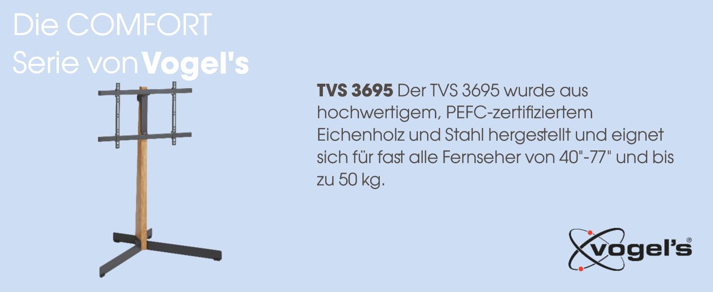 Підставка для телевізора Vogel's TVS 3695 поворотна, 40-77 дюймів, до 50 кг, VESA 600x400, з екологічного дуба та сталі, чорна, кут повороту 90°