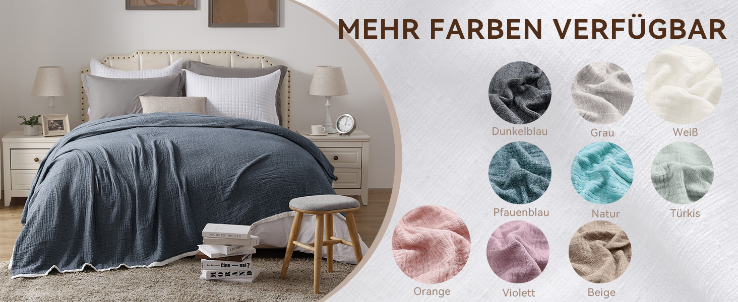 Плед SE SOFTEXLY з бавовни 100%, 4-шаровий м'який плед муслін, ковдра, покривало для ліжка, дивана, вітальні, підходить для будь-якої пори року, колір білий (темно-синій), розмір 130x150 см, 150 x 200 см