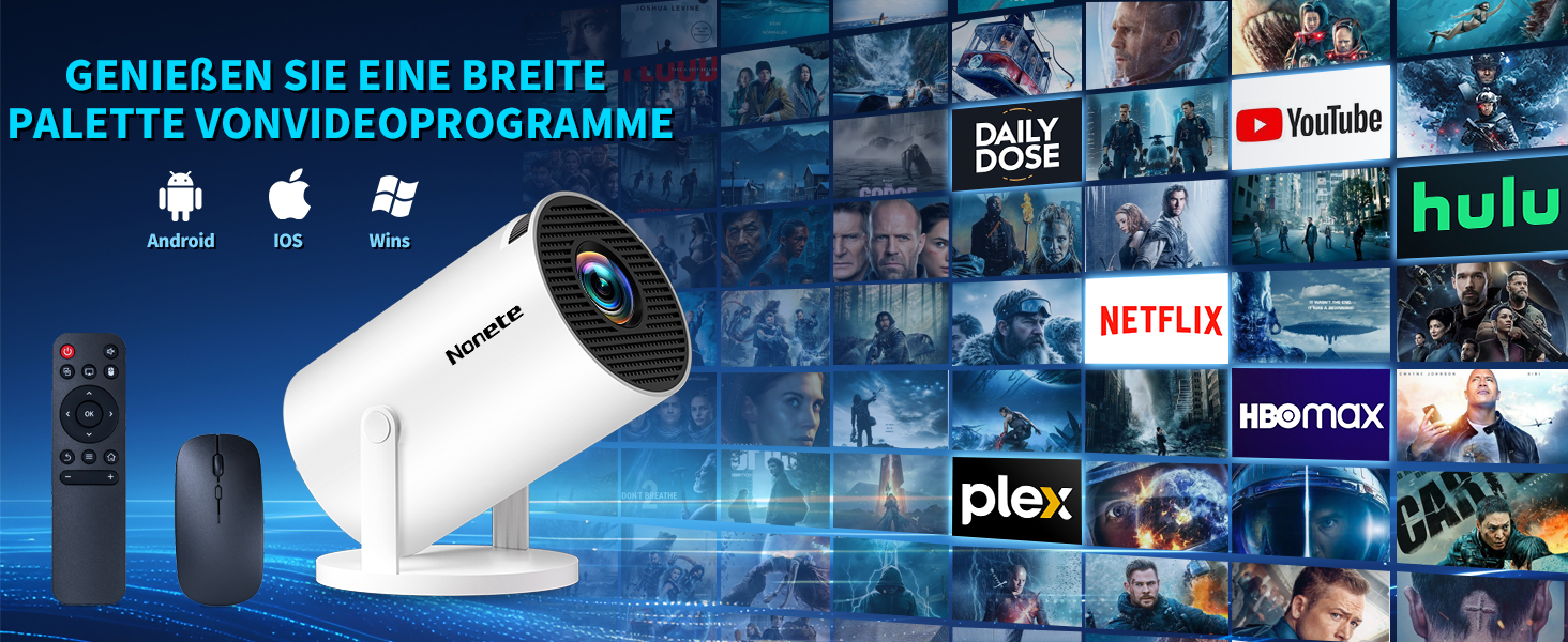 4K проєктор Beamer Full HD 1080P Mini з Wi-Fi 6 та Bluetooth 5.2, Android, портативний, 270° обертання, автоматична корекція трапеції, для PC/HDMI/USB, з мишкою та пультом, білий