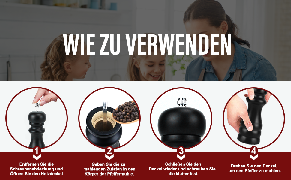 Набір для солі та перцю: ручні млини для перцю та солі, чорного кольору, великі. Дерев'яні млини для спецій з регульованою керамічною помелювальною камерою (від дрібної до грубої). 6,5 дюйми для морської солі, чилі, грубої солі (чорний та білий), 2 шт.