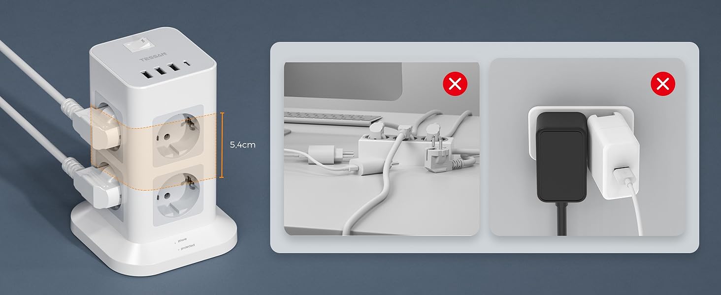 Багатофункціональна мережа TESSAN з 8 розеток, USB-C, захистом від перенапруги, вимикачем, 2 м кабелем, 3600W (сірий/білий)