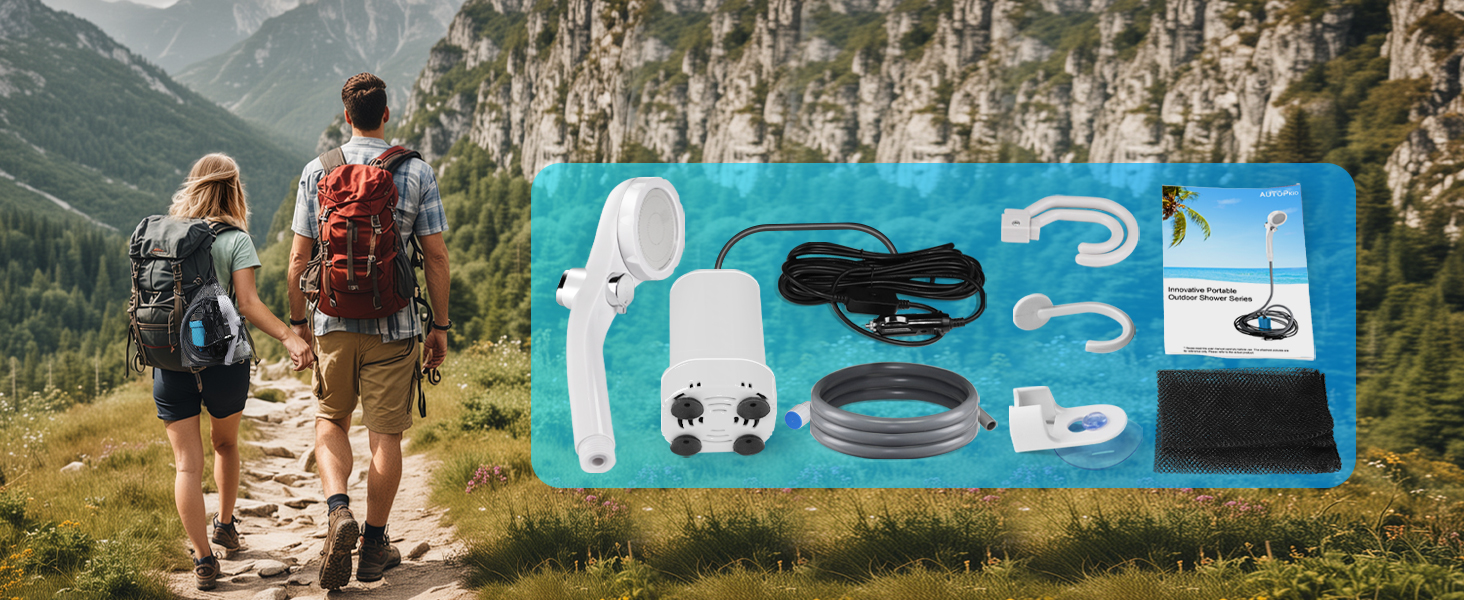 Портативний душ AUTOPkio 12V для кемпінгу, покращена помпа, підключення Plug-and-Play, для авто, подорожей, миття машин, без розпилювача