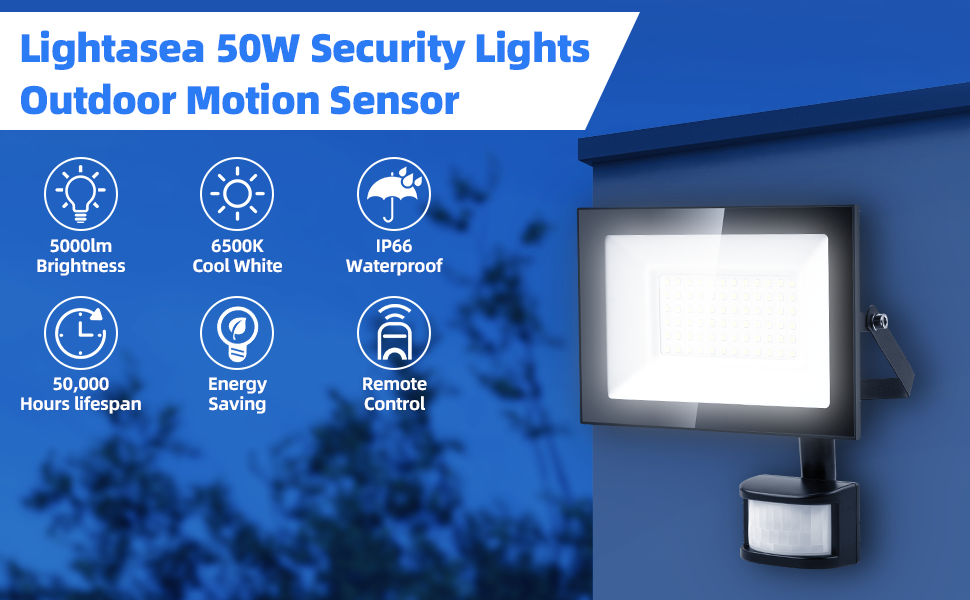 Світлодіодний прожектор Lightasea з датчиком руху, 10000 Лм, 50 Вт, з пультом, IP66, холодне біле світло 6500K, для вулиці, саду, двору, гаража
