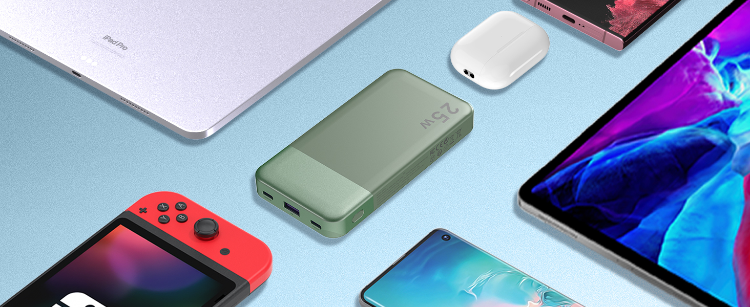 Power Bank Nobis 10000mAh 25W з USB-C кабелем, цифровою індикацією, зелений