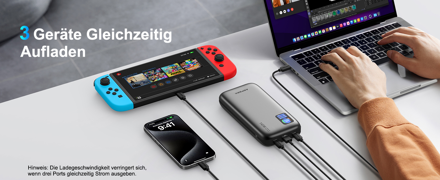 Power Bank AsperX 100W 24000mAh з LED-дисплеєм для ноутбуків, телефонів (iPhone 16/15/14 Pro), MacBook, iPad, Tablet, Steam Deck (сірий)