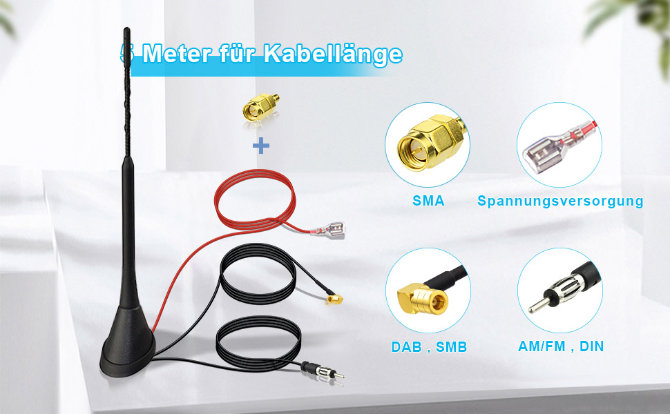 Активна автомобільна антена Eightwood DAB/DAB+, FM/AM, з підсилювачем, дахова, з SMB/SMA штекером і DIN адаптером, сплітер, 5 м кабель