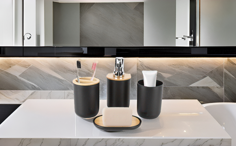 Набір аксесуарів для ванної кімнати на 4 частини (тримач для зубних щіток, мильниця, дозатор для лосьйону, стакан для ополіскувача), сучасний дизайн, чорний колір