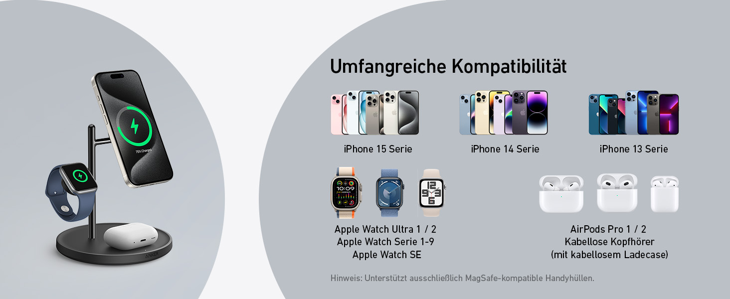 Anker MagGo 3-в-1 Бездротова Зарядка, 15W, MagSafe, Qi2, для iPhone 16/15/14/13, AirPods Pro, Apple Watch Ultra (з USB-C блоком живлення та кабелем), Чорний