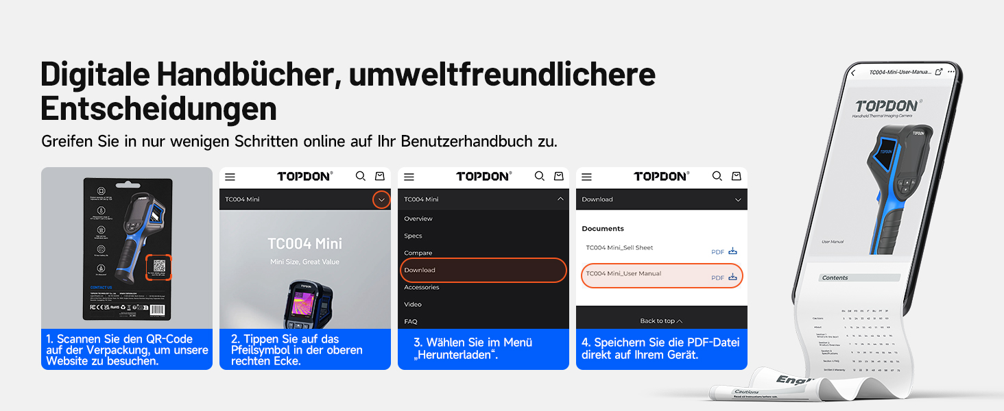 TOPDON TC004 Міні тепловізор, 240x240 IR-роздільна здатність, ручний тепловізійний прилад, 15 годин роботи від акумулятора, частота оновлення 25 Гц, діапазон температур -20℃ до 450℃, високий/низький температурний тригер, чорно-синя палітра