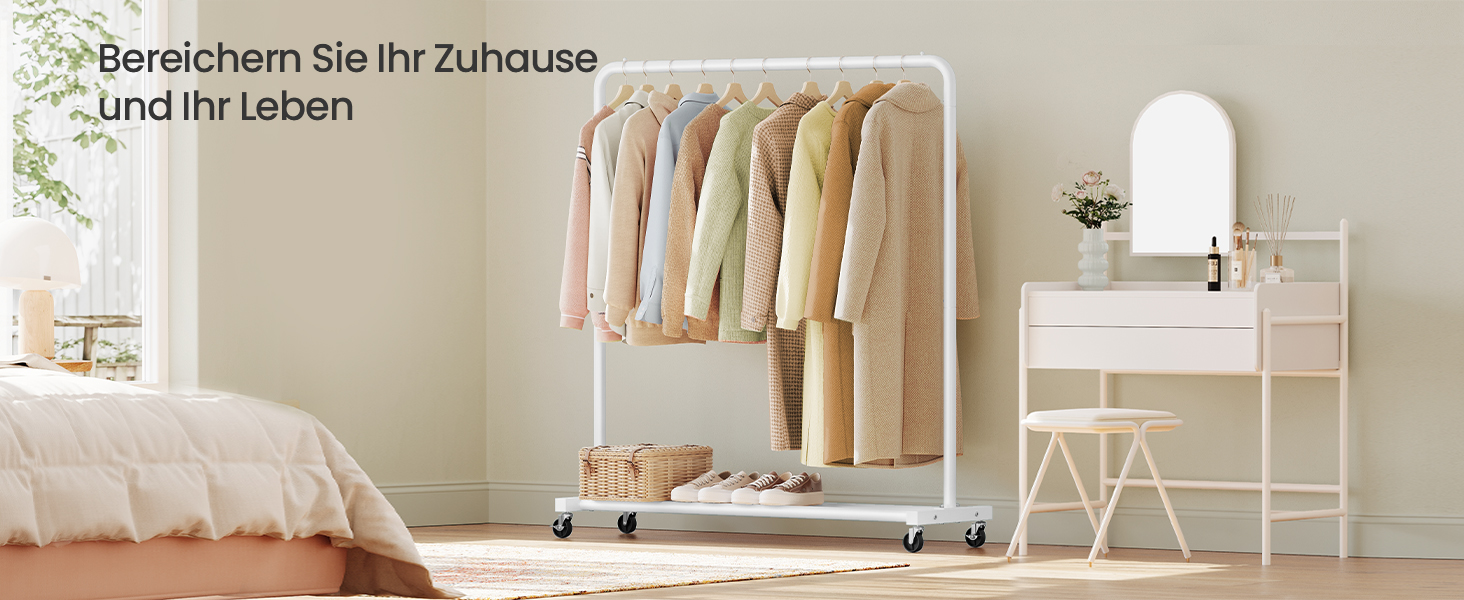 SONGMICS Кільцева вешалка для одягу на колесах, біла, до 50 кг, 38 x 110 x 141,5 см, HSR016BH01