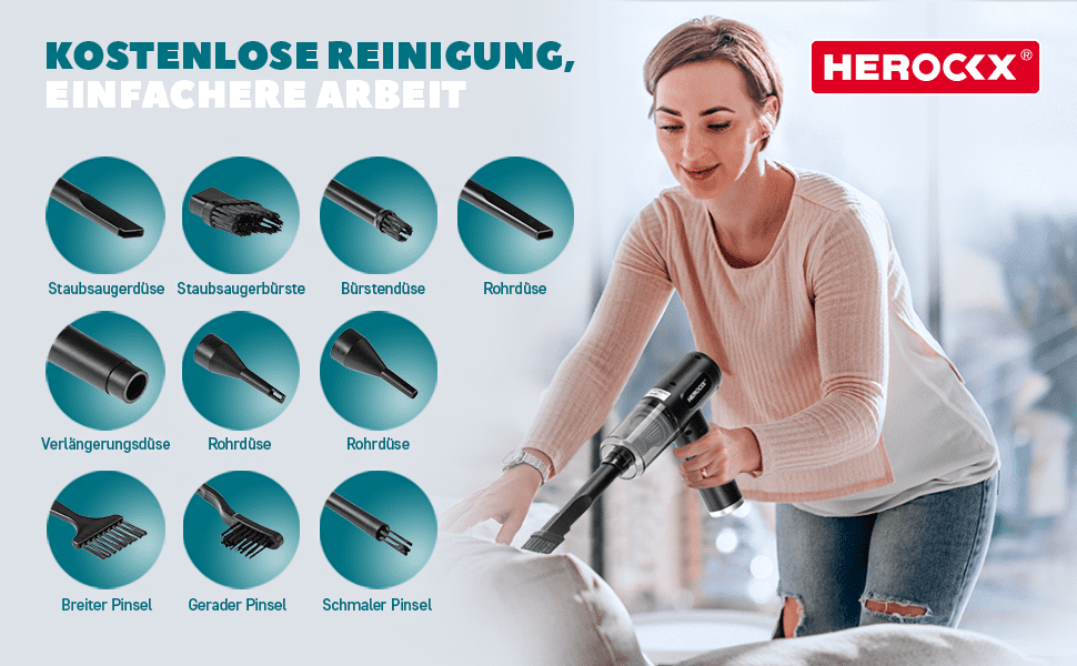 Електричний пилосос-фен HEROCKX, 3 швидкості, LED-ліхтар, акумулятор 2000mAh, зарядка Type-C, для чищення ноутбука, авто