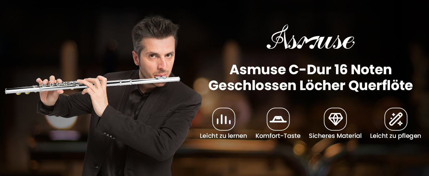 Флейта Querflöte Asmuse з кейсом та аксесуарами, мідно-срібна, 16 отворів, C-клавіша