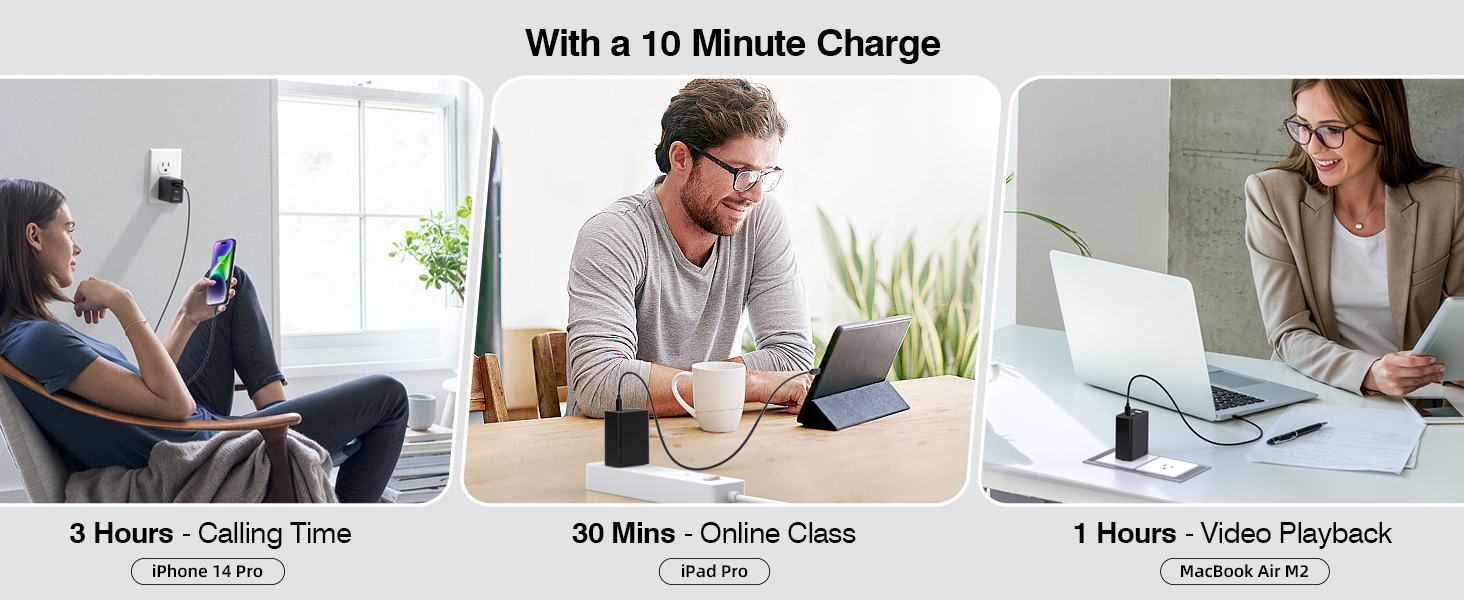 Зарядний пристрій USB-C 65W з 3 портами, кабель 2м, для MacBook, iPhone, Switch, Galaxy, Tablet, Laptop (Чорний)