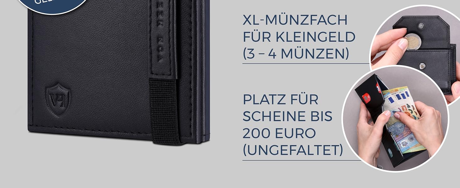 Шкіряний тонкий гаманець VON HEESEN з RFID-захистом, компактний картхолдер для чоловіків та жінок, чорний (гладка шкіра, XL відділення для монет)