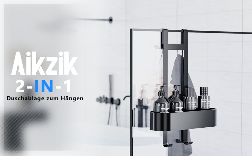 Підвісна полиця для душу Aikzik без свердлення, stainless steel кошик для шампуня та аксесуарів з 4 гачками, чорна
