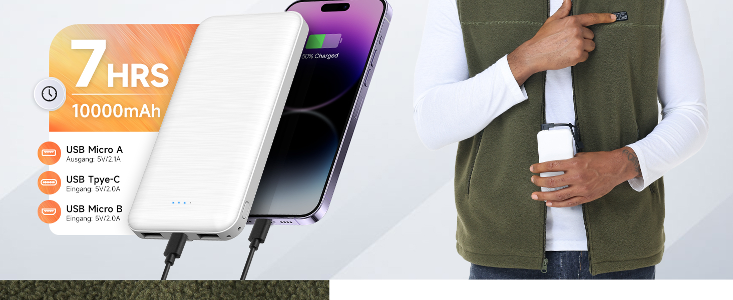 Обогріваюча жилетка для чоловіків з акумулятором 10000mAh, 6 зон нагріву, USB, мікрофліс, регулювання температури, чорний колір, розміри S, M, L