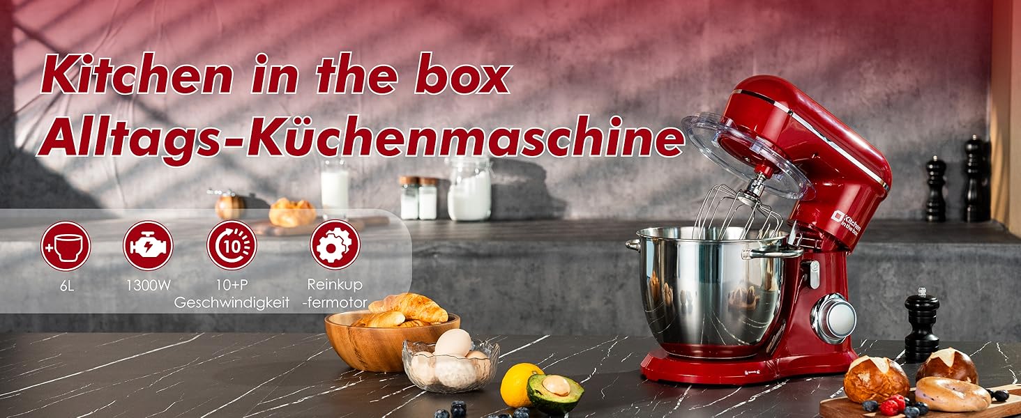 Кухонна машина Küchenmaschine 6 л, 1300 Вт, 10+ швидкостей, з набором насадок (міксер, гак для тіста, вінчик), темно-зелений/червоний