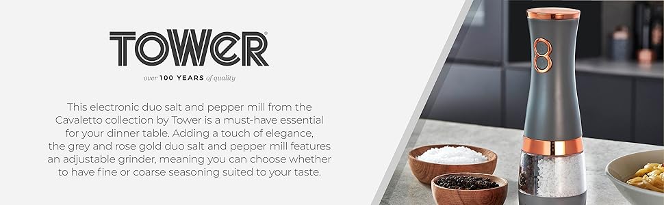 Електричні мельниці для солі та перцю Tower, працюють від батарейок, з регульованими керамічними жорнами, рожеві та рожеве золото T847004PNK (сірий)