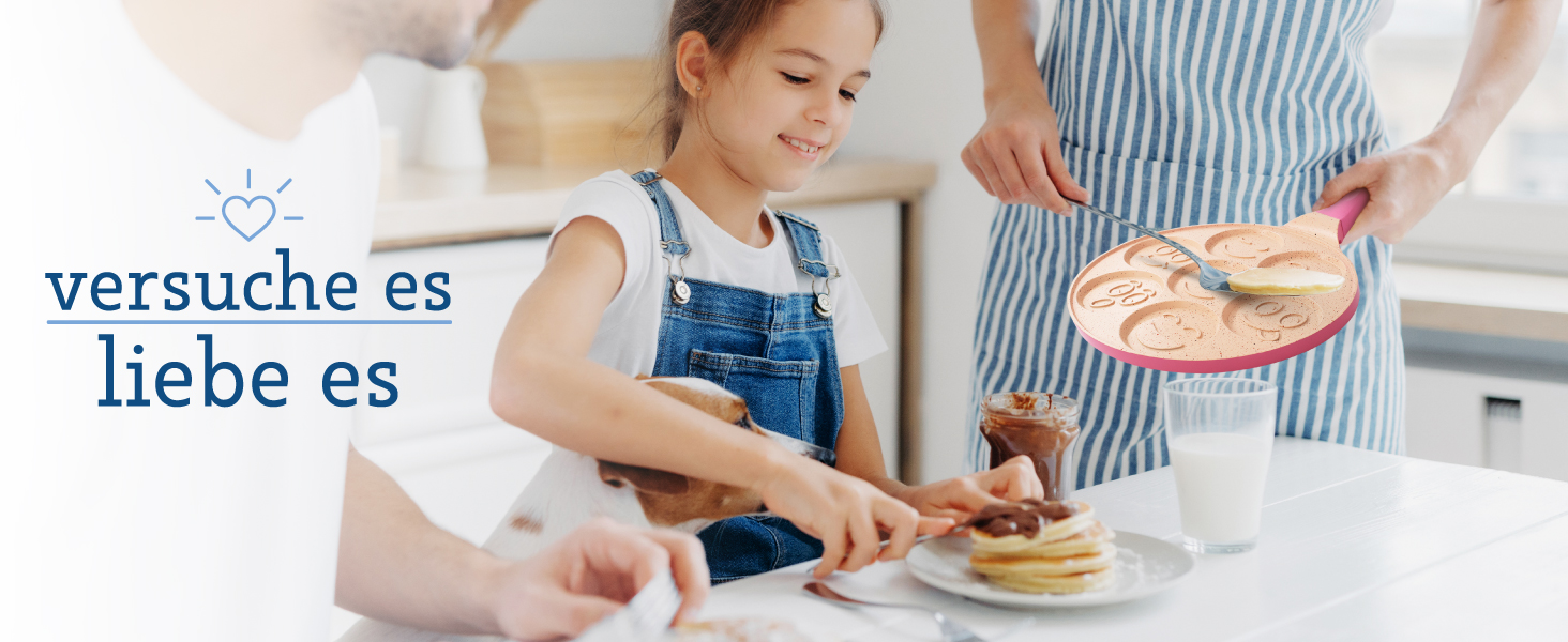 Млинцева пательня Joeji's Kitchen з 7 виїмками для млинців та яєць зі смайликами, антипригарна, алюмінієва, 26,5 см, для індукції, рожева, для дітей