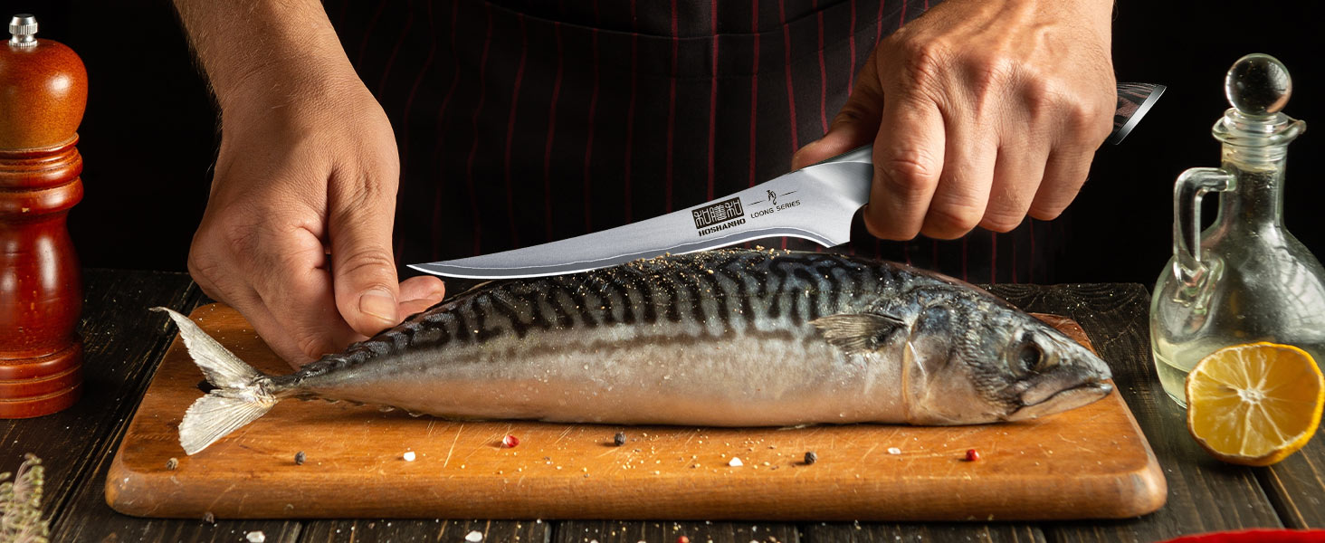 Ніж для філетування риби HOSHANHO 18 см, професійний ніж для риби та виймання кісток, ніж для філетування риби з надзвичайно гострим лезом та ергономічною ручкою з паккавуда, 18 см, срібний