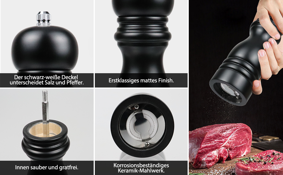 Набір з 2 мельниць для солі та перцю (соль, перець, чилі) - ручні, дерев'яні, з регулюванням помелу, класичний дизайн, чорний та білий