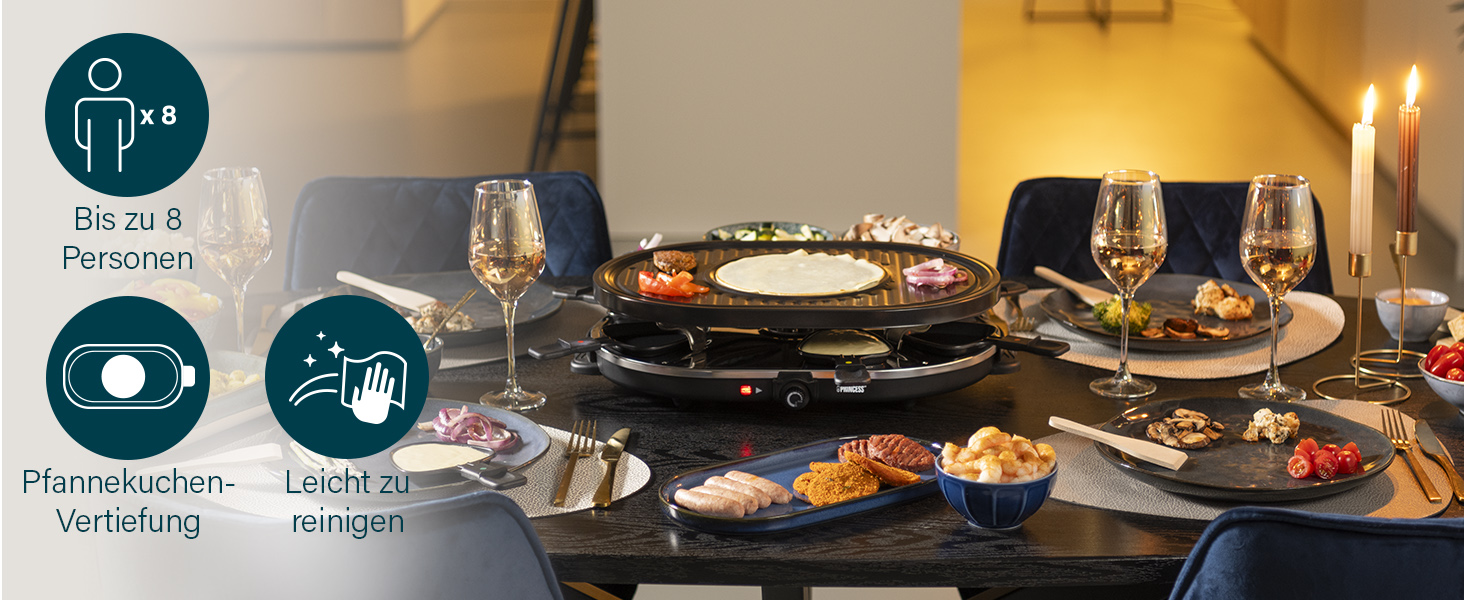 Електричний гриль Princess Raclette 8 панелей, овальний, 1200 Вт, багатофункціональна пластина з секцією для млинців, 42x30 см, чорний, нержавіюча сталь