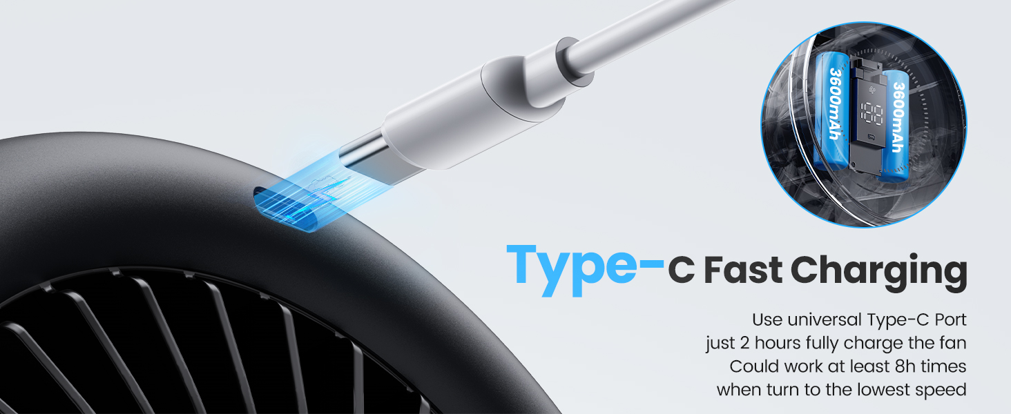 Вентилятор WSKEN з акумулятором - турбо режим, цифровий дисплей, 100 швидкостей, портативний настільний вентилятор, 115° обертання, потужний потік повітря, тиха робота, міні вентилятор для офісу, на вулицю, блакитний/чорний